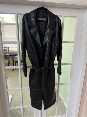 Rem Garson Black Leather Trench Coat with Belt